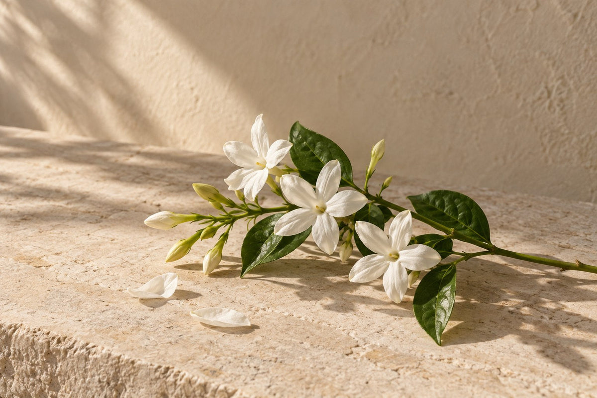 White jasmine blossoms and green leaves on sunlit pale limestone