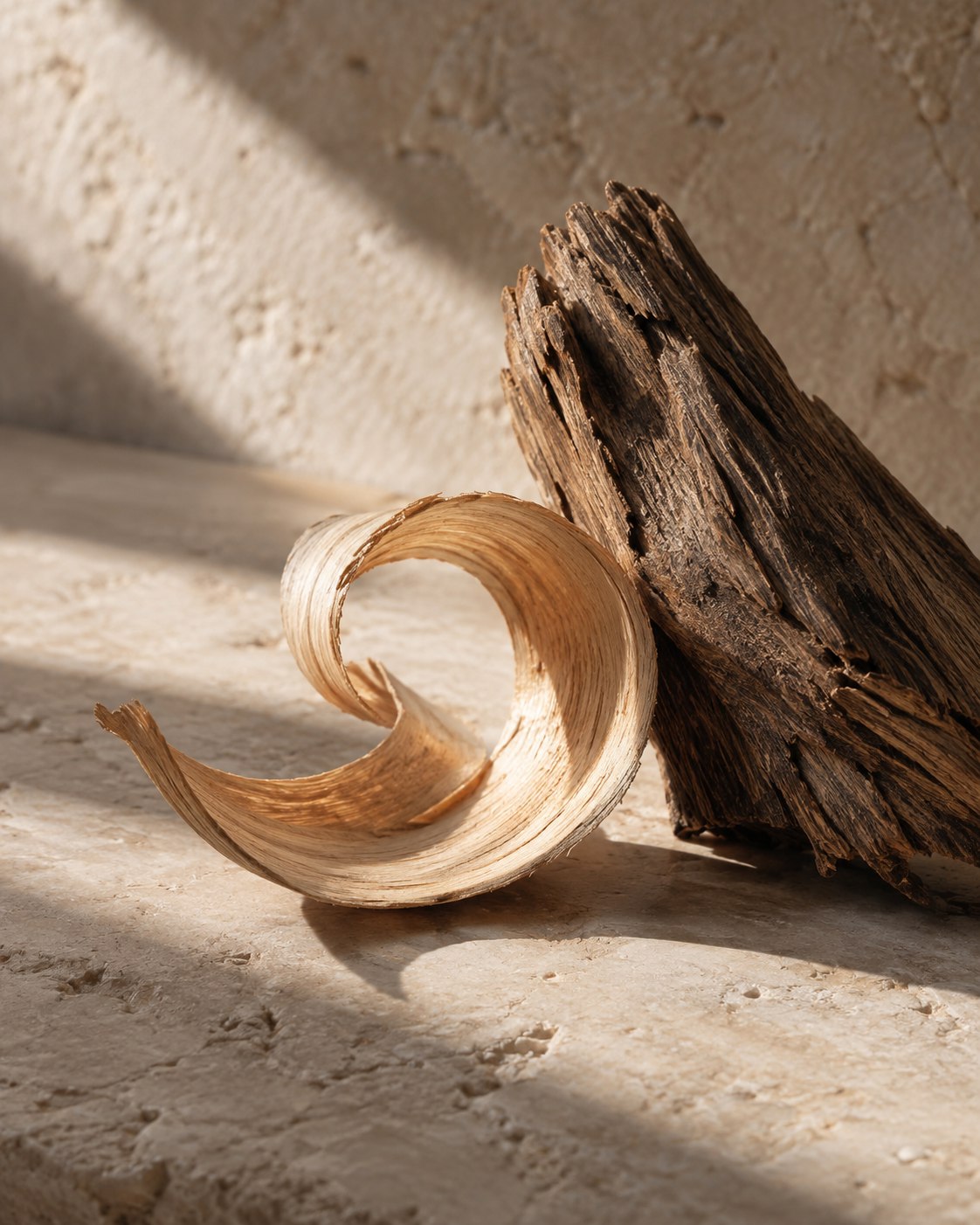 A curled pale wood shaving beside a dark textured piece of wood on limestone