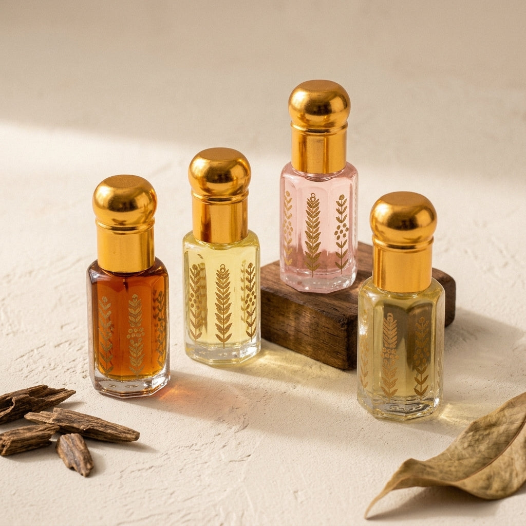 Four Oud Library perfume oil roll ons with gold caps on a wooden block beside oud chips and a dried leaf