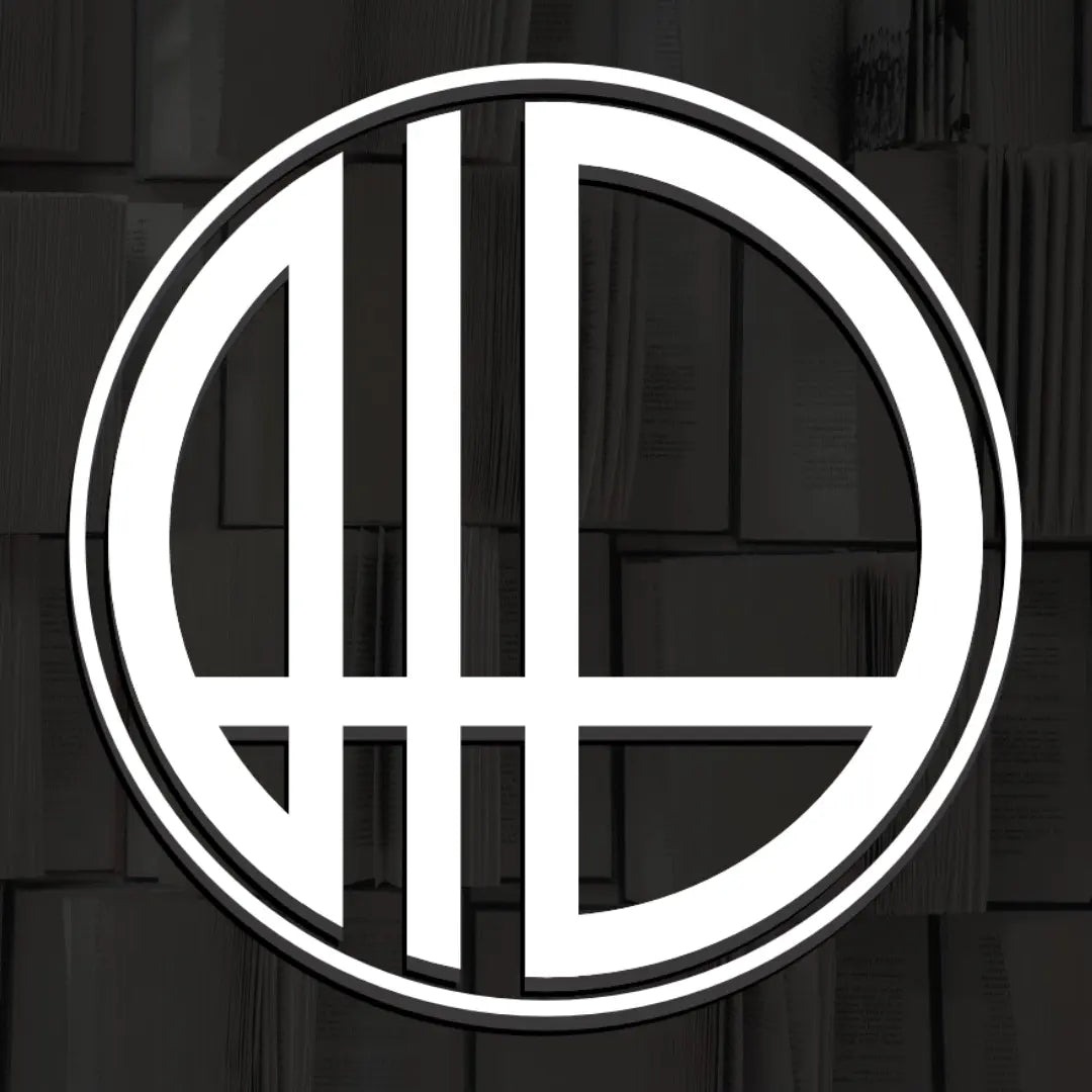 Black and white circular logo on a black background